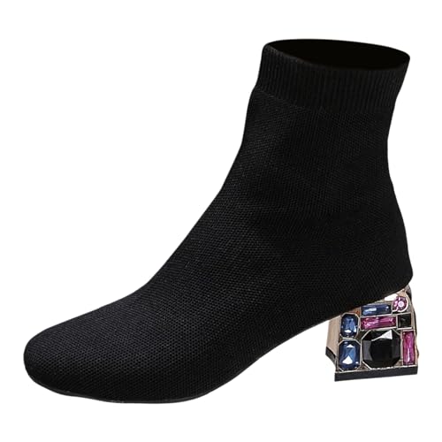 Bottes courtes femme bout carré talon épais en maille stretch : chaussure tendance automne hiver