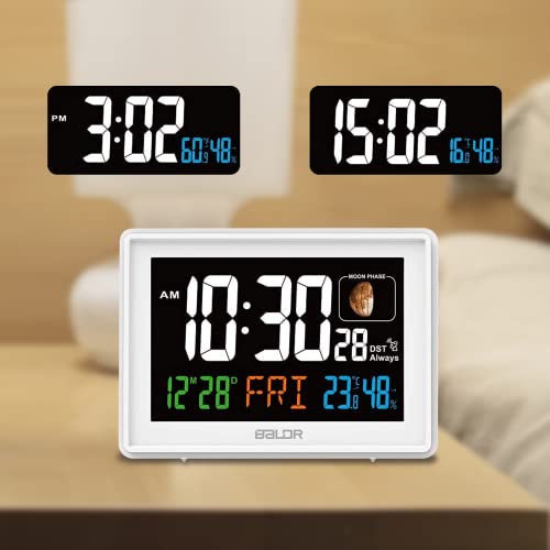 Baldr Atomic Alarm Clock - Large Color Display Digital Desk Clock - With Indoor Thermometer For Temperature & Humidity - Date & Real-Time Moon Phases - Perfect Office Clock Or Nightstand Clock (White) #TOP5