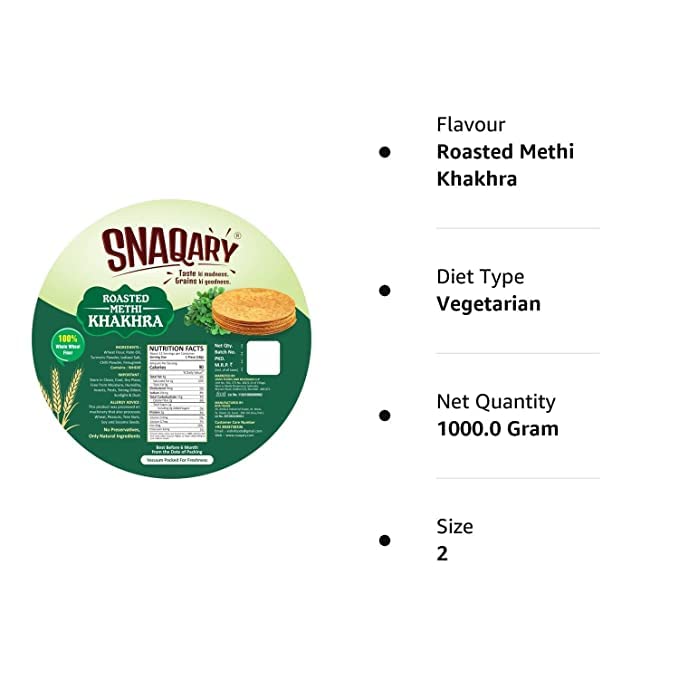 Image of Snaqary All In 1 Whole Wheat Flour Khakhra Roasted Jeera Khakhra, pack of 2, Healthy Indian Snacks, Crispy and Crunchy Delicious snacks (Roasted Methi Khakhra, 1)