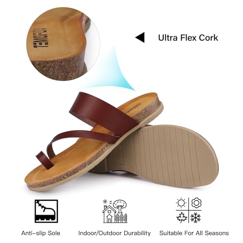TEMOFON Women Summer Flip Flops: Genuine Leather Sandals, Cork Footbed, Comfortable Arch Support, Black/White/Brown/Nude Thong Sandals Size 5-114