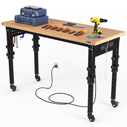 YITAHOME Work Bench 48" L X 20" W Adjustable Workbench for Garage W/Pegboard & Power Outlets Heavy-Duty Workstation, 1600 LBS Load Capacity with Wheels for Workshop, Office, Home Outdoor 48"