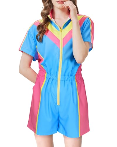 80s Outfit for Women Color Block One Piece Windbreaker Outfits for Women Neon Short Sleeve Zip Front Elastic Waist Jumpsuit