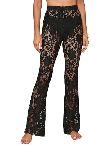 Women's Sheer Lace Flare Pants Sexy See Through High Waist Leggings Gothic Floral Bell-Bottoms Trousers Streetwear