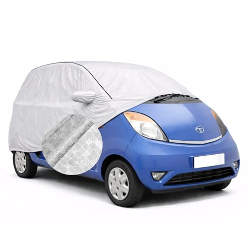 Image of SEAZEN Waterproof Car Cover for Tata Nano | Dustproof, UV & Scratch Resistant Soft Cotton Lining | Triple Stitched, Mirror Pockets & Elastic Hem | Metallic Silver with Black Piping