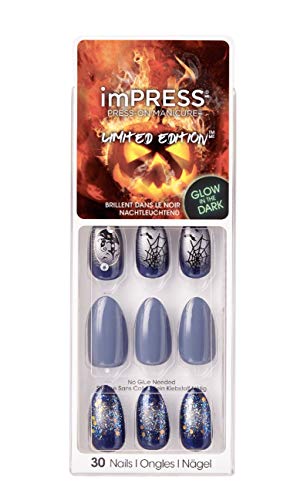 Kiss imPress Press-On Manicure Grey and Black Nails (Spider Web Design) Almond Shape Halloween Limited Edition Glow-in-the-Dark Nails HBIPD71 Fear is Near