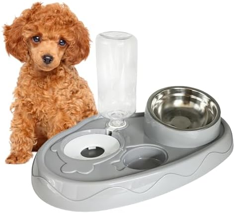 Triple Cat Water and Food Bowls 15° Tilt 3-in-1 Water Feeder Bowls Set Dog Double Bowls with Automatic Water Dispenser Bottle Wet and Dry Feeding Bowl for Kittens Puppies (Grey)