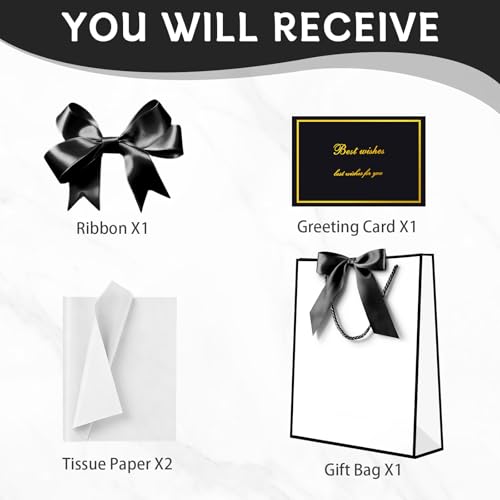 Image of JMANNI Gift Bag, 1PCS Gift Bags with Ribbon and 1 Greeting Cards 2 Tissue Paper, Portable Paper Gift Bag with Handles, Birthday Gift Bags,Present Bags for Wedding Party Mothers Day12.6 inch x 9.8 inch x 3.9 inch(Black)