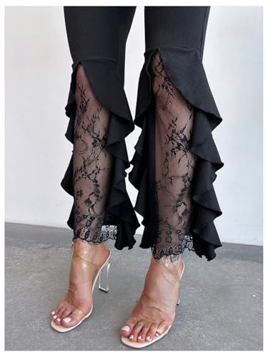 GORGLITTER Women's Lace Goth Bell Bottom Pants Mesh Flare High Waisted Flared Leggings4