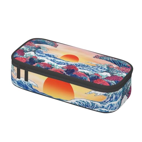 Image of Japanese Ocean Waves Large Pencil Case With Zipper Compartments Stationery Pencil Bag For Kids Teens Students School Supplies