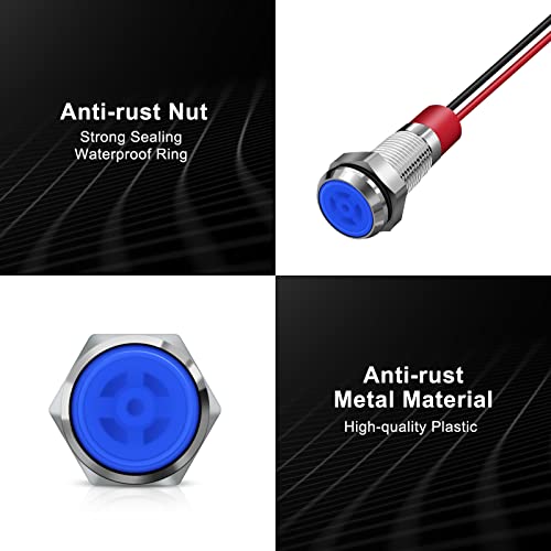 Ficolpo 10 Pcs 6Mm Led Metal Waterproof Indicator Light, 12-24V 1/4'' Mounting Hole Pre-Wired Pilot Signal Light For Car, Trucks, Boats, Marine, Dash, Industrial Electricity (Blue) #TOP6