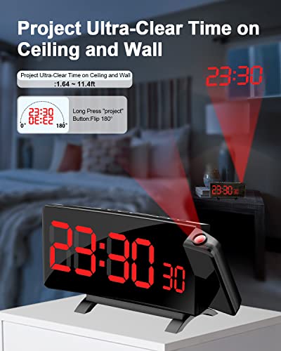 Peyou Projection Alarm Clock For Bedroom With [5 Dimmer], Digital Clock 7" Led Display, 2 Usb Chargers, 180° Rotable Projector, Snooze, Bedside Loud Dual Alarm Clock For Heavy Sleepers Adults Kids #TOP1