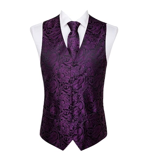 Set Of 4 Men's Silk Vest Party Wedding Gold Paisley Solid Floral Vest Vest Pocket Square Tie Suit Set