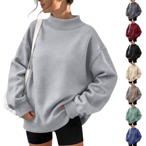 Womens Oversized Mock Neck Sweatshirt Solid Color Comfort Tunic Sweatshirt - image 1