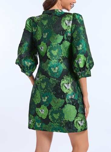 Ladyful Women's Floral Jacquard Shift Dress 2025 Long Puff Sleeve Button Up Elegant Cocktail Party Mini Dress3