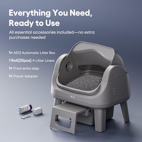 PetPivot Open Top Self Cleaning Cat Litter Box, Automatic Litter Box with 7 Pairs of Safety Sensors, Anti-Pinch Protection and Easy Access Step for Senior Cats, Dark Grey