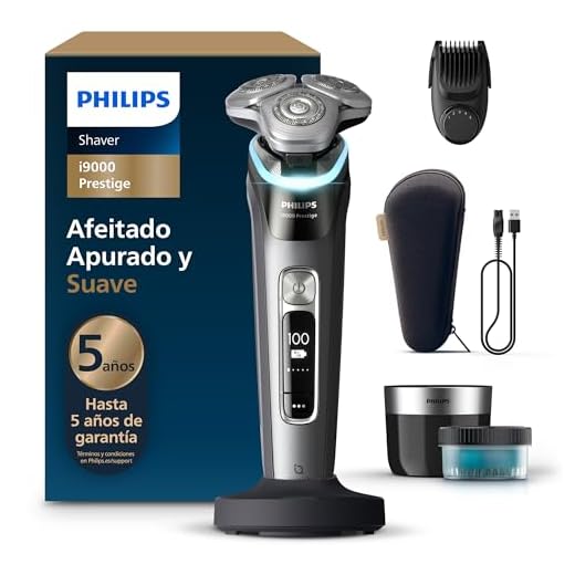 Philips i9000 Prestige, Afeitadora Eléctrica Hombre, Máquina de Afeitar Barba en Seco y Mojado, Tecnología SkinIQ, Base de Carga, Recargable, Estuche, Centro de limpieza, Recortador, XP9202/33