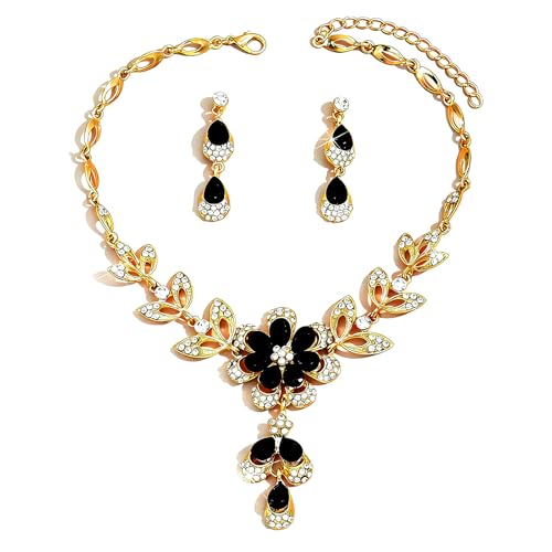 Dishowme Parure de bijoux de mariage avec collier et boucles d'oreilles en forme de fleur, boucles d'oreilles pendantes en forme de larme avec strass pour...
