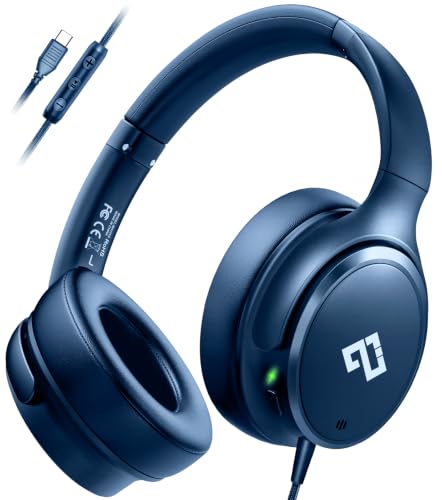 Active Noise Cancelling Headphones USB C Headphones Wired Over Ear-Blue