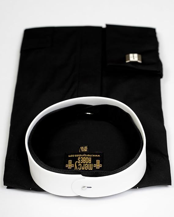 Mens Long Sleeve French Cuff Roman Pontiff Full Collar Shirt (Black)