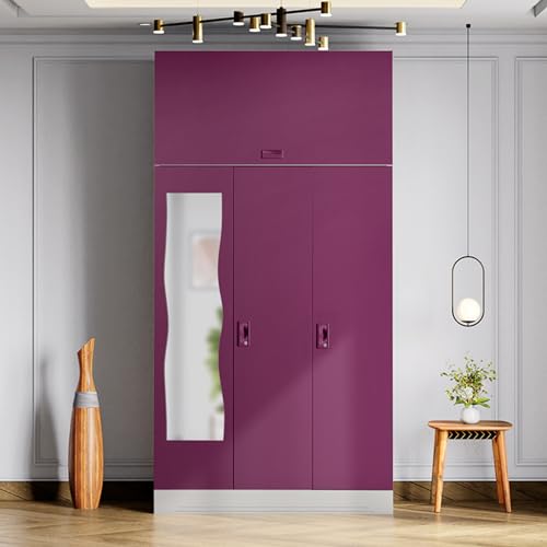 Image of Interio by Godrej Almirah Slimline 3-Door Steel Almirah, Cupboard for Clothes (Textured Purple), 1-Year Warranty, 6 Shelves, 1 Locker, 2 Drawers, Overhead Unit, Curvilinear Mirror
