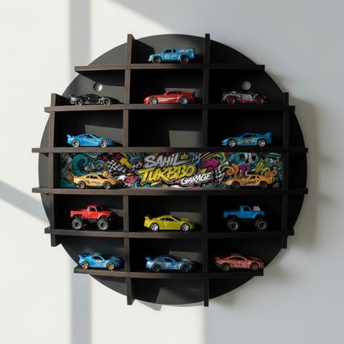 Image of Diecast Car Display Shelf with Custom Name Print | 14-16 Slot Wall Mounted MDF Wooden Rack for 1:64 Scale Cars | Circular Toy Car Organizer & Kids Room Garage Decor