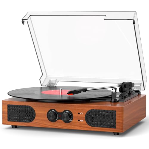 Image of Vinyl Record Player with Built-in Stereo Speakers, 3-Speed Belt-Drive Turntable, Treble & Bass Control, RCA-Out /AUX-in, Headphone Jack Vintage LP Player, Red Wood
