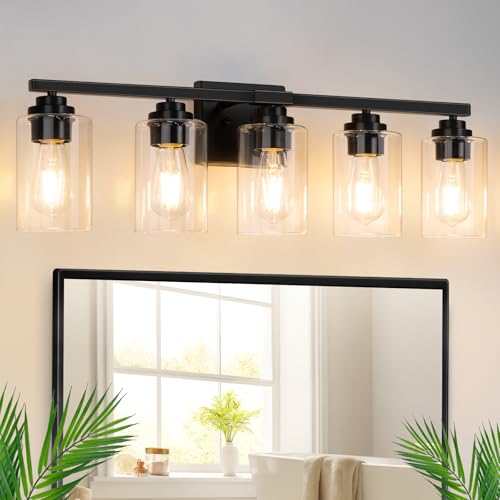 5-Light Matte Black Bathroom Light Fixtures, 31' Modern Vanity Lighting Fixture for Bathroom...