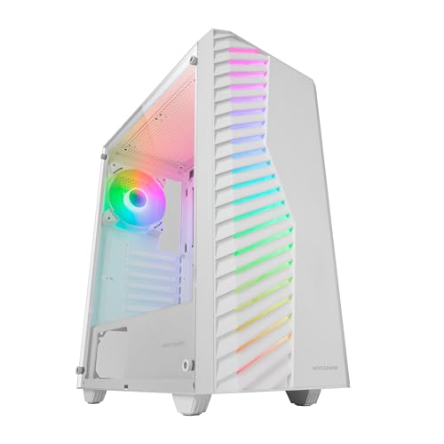 MARSGAMING MC-VOLT, Caja Gaming ATX, Ventilador ARGB 120mm, Rejilla Frontal ARGB, Ventana Lateral Completa Cristal Templado, Gestión de Cableado, Semitorre PC con Soporte Refrigeración Líquida, Blanco