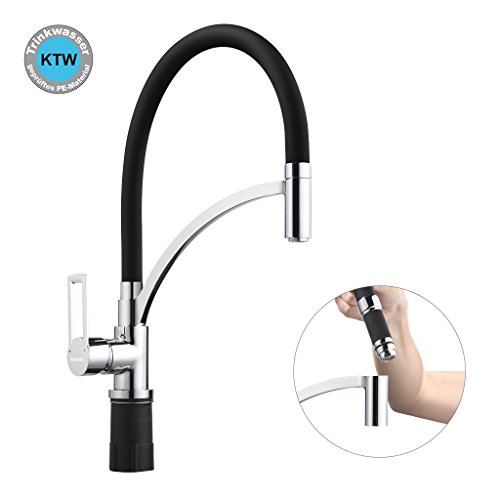 Preisvergleich Produktbild Finether Küchenarmatur Wasserhahn flexibel Mischbatterie 360°Drehbar Spülbrause Spiralfederarmatur / Einhebel-Spültischarmatur Armatur aus chrom für Küche Küchenspüle Niederdruck und Hoherdruck schwarz