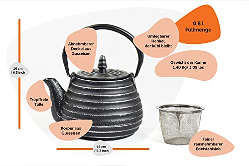 Tèbié Classic - Tetera de hierro fundido (0,8 L, con colador de acero inoxidable), color plateado y negro - Imagen 4