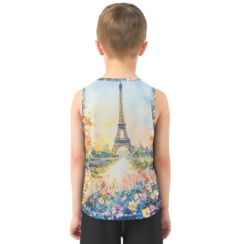 Boys Tank Top Shirts Watercolor Eiffel Tower Floral Sleeveless T-Shirts Crew Neck for Kids Clothing Children3
