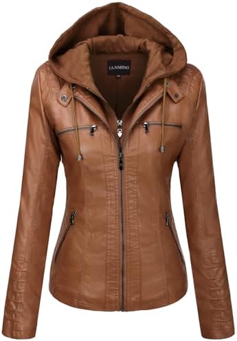 Tanming Womens Faux Leather Jacket Hooded Moto Biker Coat Outerwe...