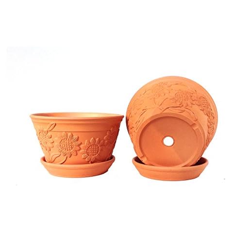 Goodman and Wife Set of 2 Raised Sunflower Embellished Natural Terracotta Garden Pot with Tray Cover