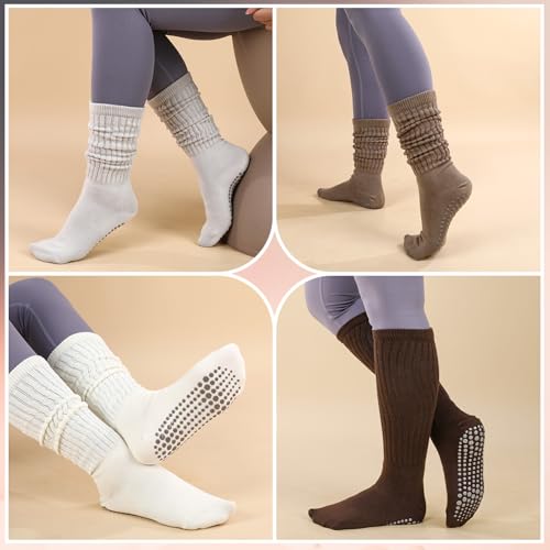 Jspupifip 4 Pairs Pilates Socks with Grips for Women, Long Slouch Non Slip Yoga Scrunch Socks for Barre Hospital Workout4