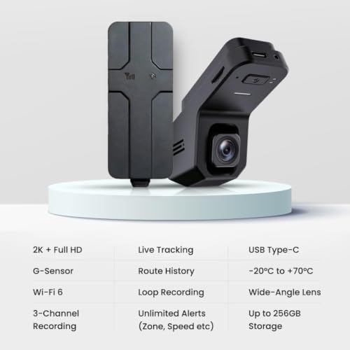 Image of Dash Cam + GPS Tracker for Car 2K Front & Rear w /Engine Cut On /Off, 270Wide Angle 2 Channel Loop Recording w /Night Vision, WiFi 6 Real-time 10+ GPS Alerts Heat Resistant for Indian Roads