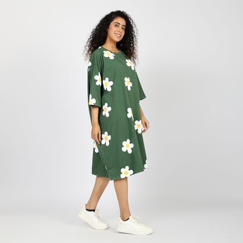 Image of LAMA STORE Women's Printed Oversized T-Shirt Dress, Cotton, 3 /4 Sleeve Length, Casual Loose Fit, Comfort Wear Extra Comfy Oversized Printed Pocket T-Shirt Dress
