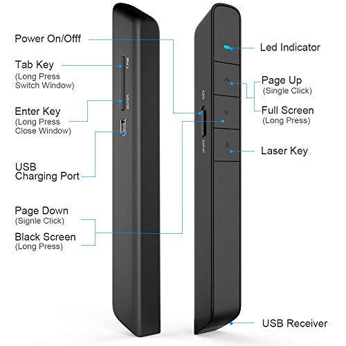 Image of Rechargeable Presentation Clicker with Green Light Pointer for presentations, PowerPoint Clicker for Presentation Remote, Long Range Wireless Presenter (Black - N75)