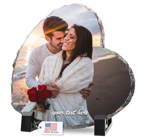 LOUISMIAA Personalized Picture Frame Custom Photo Stone Rock Slate Plaque Frames, Customized Gifts for Mothers Fathers Day Valentine's Day Wedding Birthday Christmas, Heart Shape 5.9x5.9 in