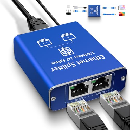 Rozdzielacz sieci Ethernet 1-2, 1000 Mb/s, szybki gigabitowy rozgałęźnik sieciowy, podwójny rozdzielacz internetowy LAN RJ45 z kablem zasilającym USB (2 porty działają jednocześnie) do kabla Cat5/5e/6