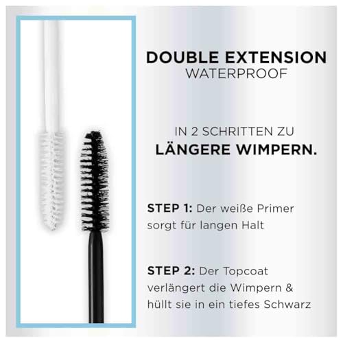 L’Oréal Paris Mascara, Wasserfeste Wimperntusche und Primer für Mascara für lange Wimpern, Double Extension Waterproof, Schwarz, 12 ml