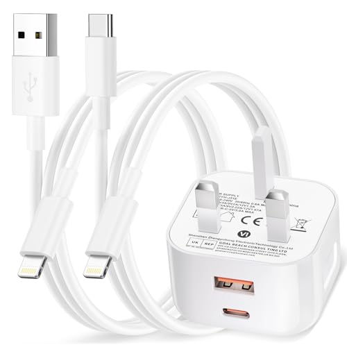 iPhone Charger Fast Charge, 20W USB C Charger Plug and 2x Lightning Cables for iPhone 14 13 12 11 Pro Max/Mini/XS/XR/SE/8/iPad, iPhone Fast charger Plug UK Type C Wall charger USB-C Plug Power Adapter