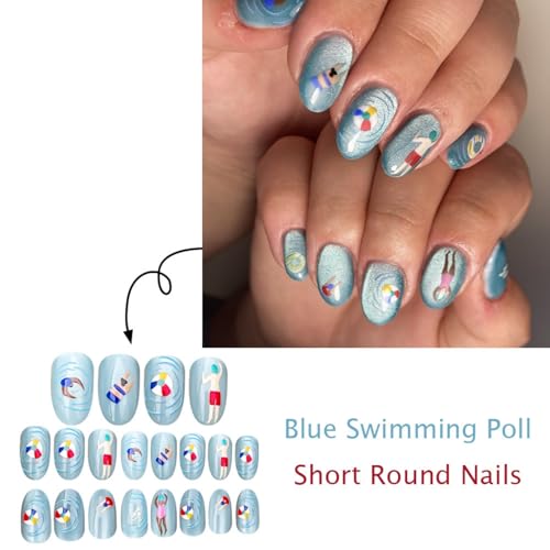 Image of Blue Press on Nails Medium Oval Fake Nails with Summer Swimming Pool Design Reusable Glossy Full Cover Glitter Stick on Nail for Women Manicure 24Pcs