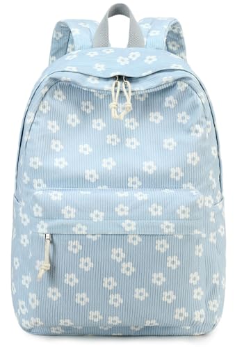 Bluboon Mochila escolar para meninas adolescentes, mochilas para laptop de veludo cotelê e ensino fundamental, Flor branca de veludo cotelê, 15.6-Inch, Escola