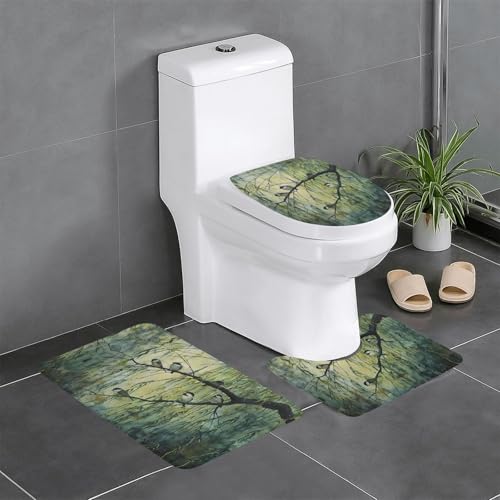 WHJSHOP Set di 3 tappeti da bagno 61 x 40,6 cm con stampa di uccelli che cinguettano sul salice, tappetini antiscivolo con profilo, forme ovali e rettangolari per casa, cucina e servizi igienici