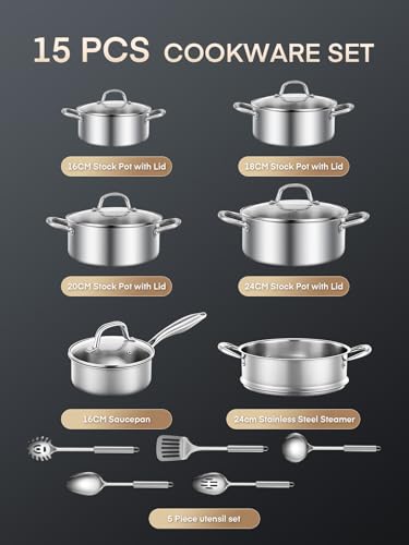 15 PCS Saucepan Set, Uncoated 3PLY Stainless Steel Cookware Set with Steamer Insert, Stainless Steel Cookware Set Suitable for All Hob Types, PFOA, PFOS Free - Image 4