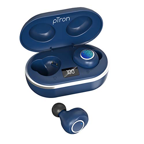 Image of pTron Bassbuds Jets True Wireless Bluetooth 5.0 Headphones,Hi-Fi Audio,Deep Bass,Touch Control in Ear Earbuds,Ipx4 Sweat /Splash Resistant,Voice Assistant,Built-in Mic & Digital Display Case - (Blue)