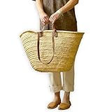 French Market Basket with Double Flat Leather Handles – X-Large, Dark Brown Moroccan Straw Tote for Beach & Shopping