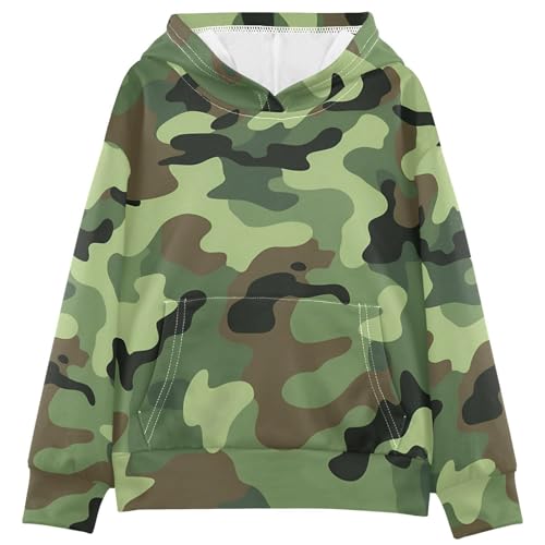 GuoChe Sudadera con capucha y bolsillo de gran tamaño para niños y niñas de 4 a 14 años, Camuflaje Verde, 13-14 años