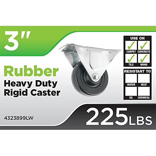 Heavy Duty Rubber Caster Wheel with Rigid Non-Swivel Top Plate - 3-Inch - 225 lb. Load Capacity