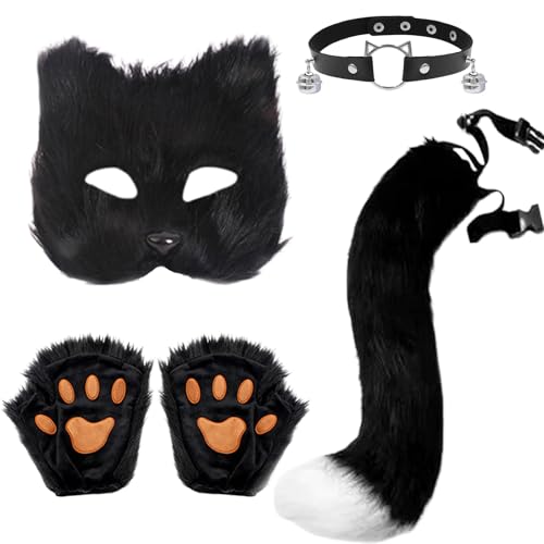 MUNSKT Ensemble de masques de renard à fourrure – Masque de renard en fausse fourrure, queue en fourrure, collier ras du cou et gants, accessoires de...